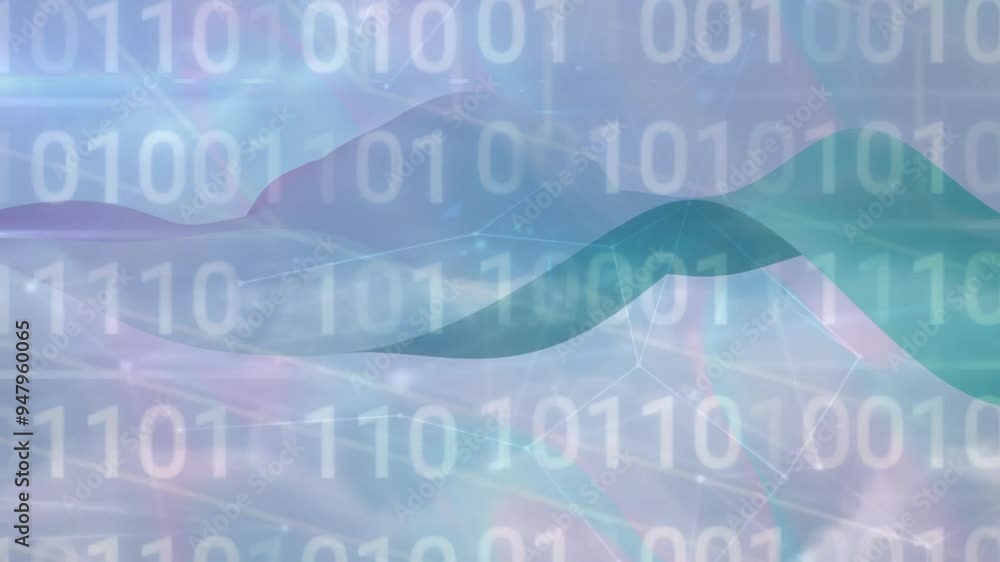 Poster binary code animation over abstract waves and light effects
