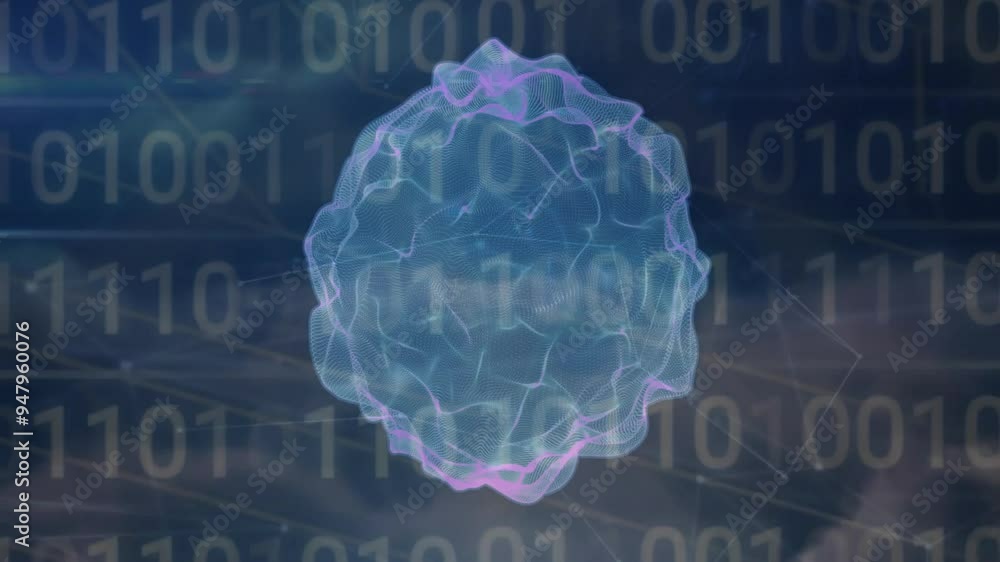 Poster digital binary coding animation over abstract 3d shape on dark background