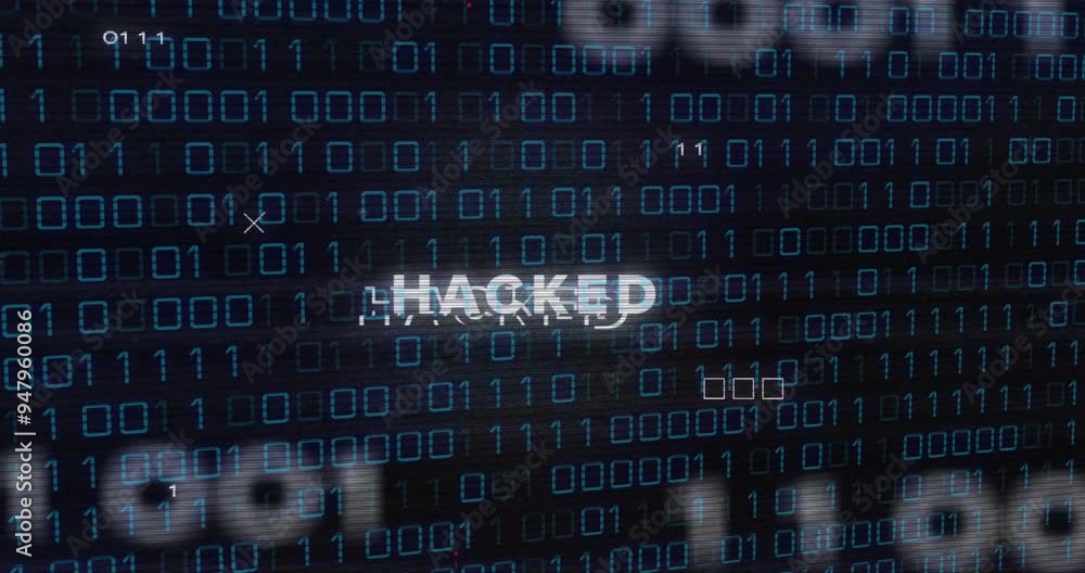 Poster binary code with hacked text animation over dark background