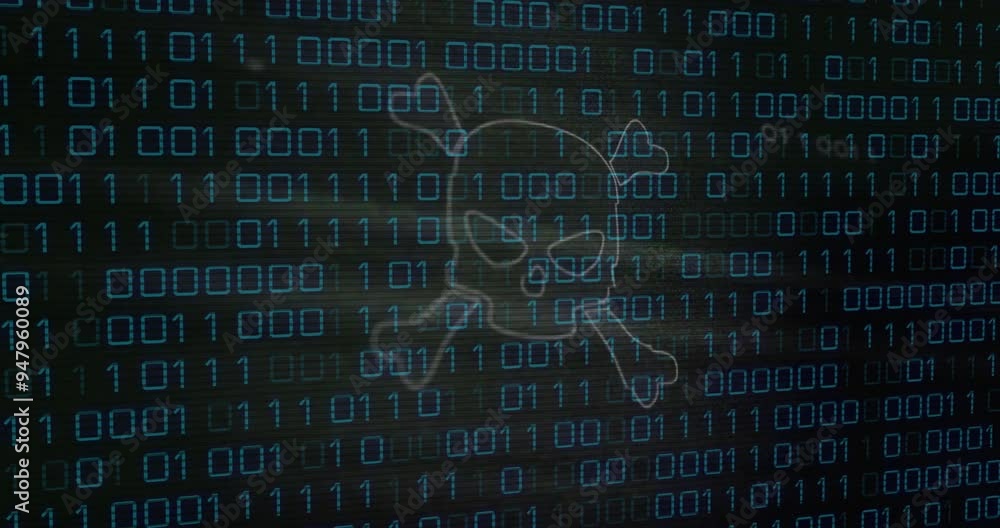Poster binary code and skull with crossbones animation over digital background