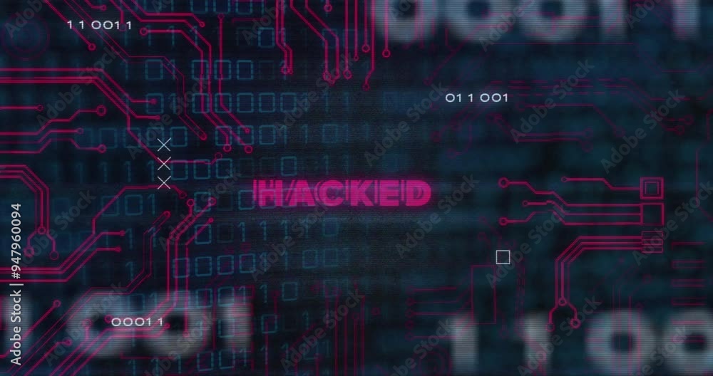Aufkleber hacked text animation over digital circuit board and binary code background