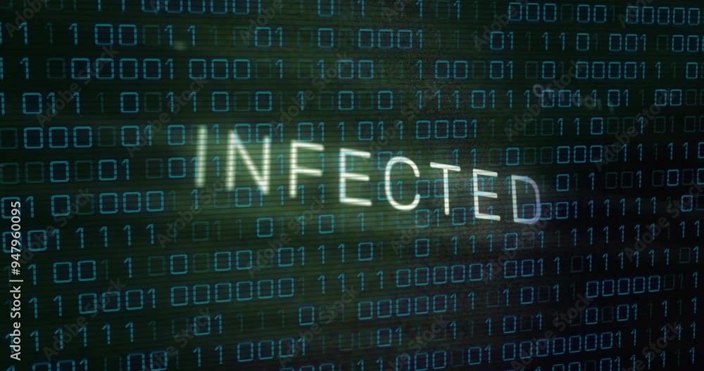 Poster infected text animation over binary code background, indicating cybersecurity threat