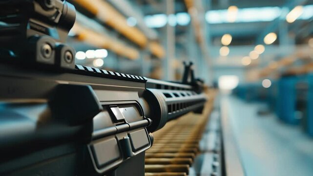Closeup of a modern rifle being assembled on a production line, showcasing the innovative manufacturing processes of firearms