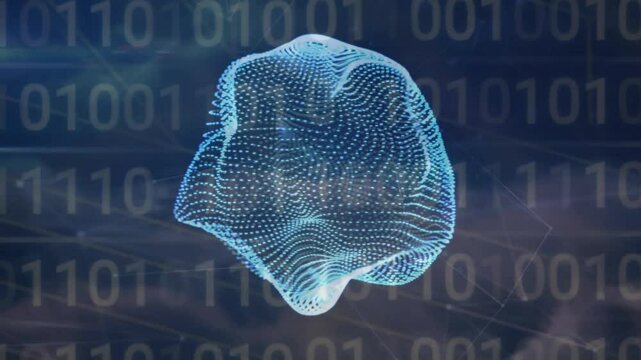 Digital binary code and 3D mesh animation over dark blue background