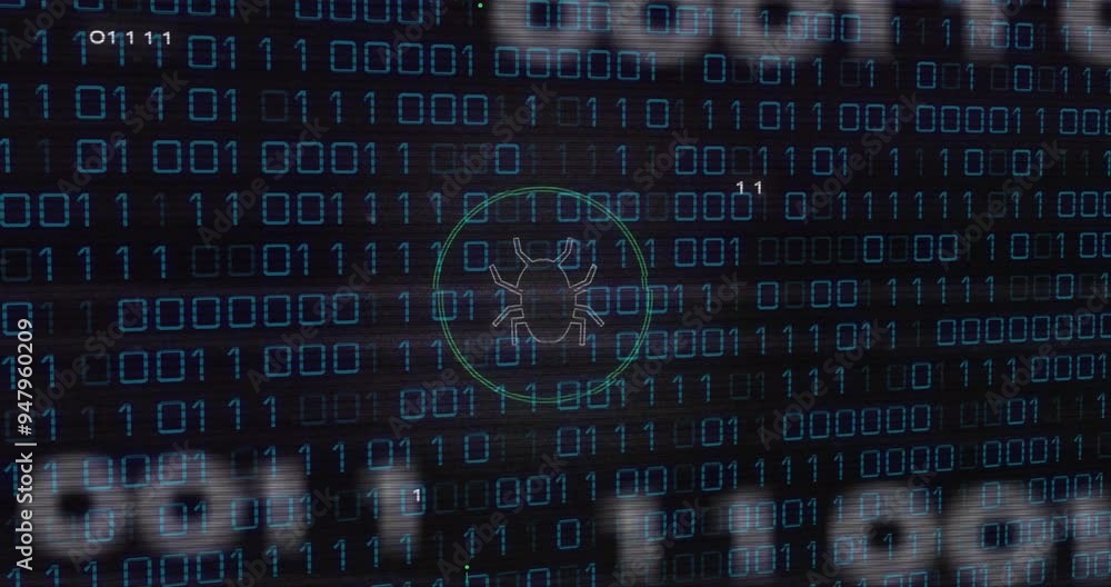 Poster binary code and bug icon, cybersecurity threat detection animation