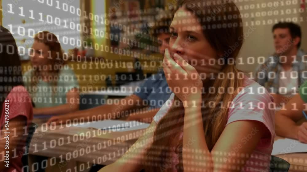 Poster binary code animation over students studying in classroom