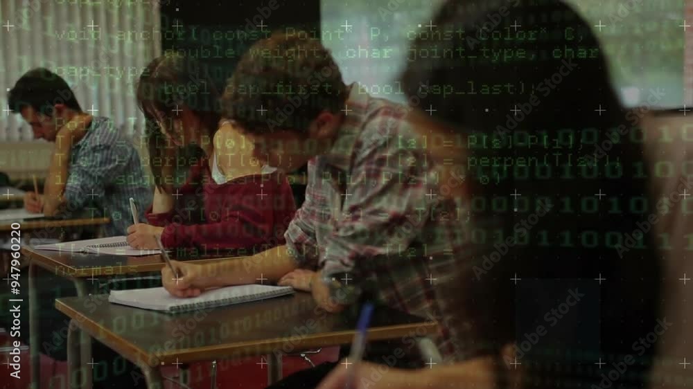Poster programming code animation over students writing in classroom