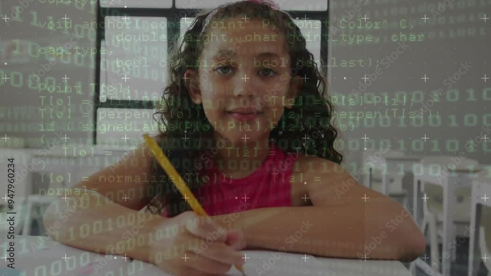 Poster smiling girl holding pencil with coding animation over classroom background
