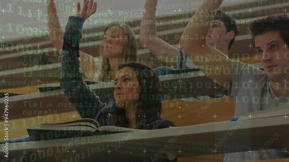 Poster binary code and data processing animation over students raising hands in classroom