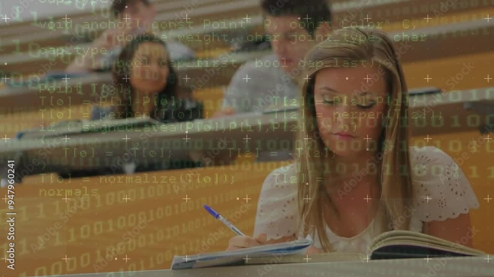Poster reading book in classroom, students with coding animation over them