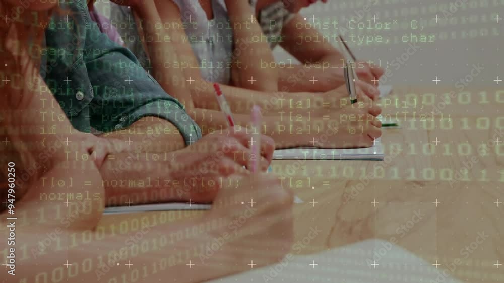 Poster writing in notebooks, students with binary coding and data processing animation over