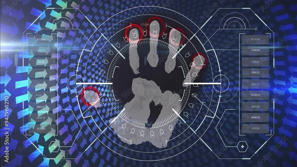 Poster handprint recognition animation over digital interface with geometric patterns