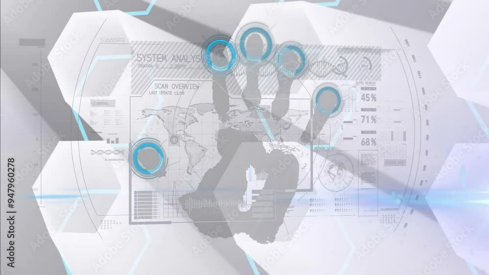 Poster Handprint scan and system analysis animation over digital interface with global data