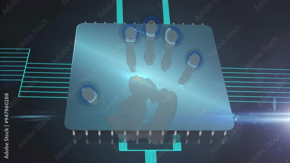 Poster Handprint and fingerprint scanning animation over microchip with glowing circuits
