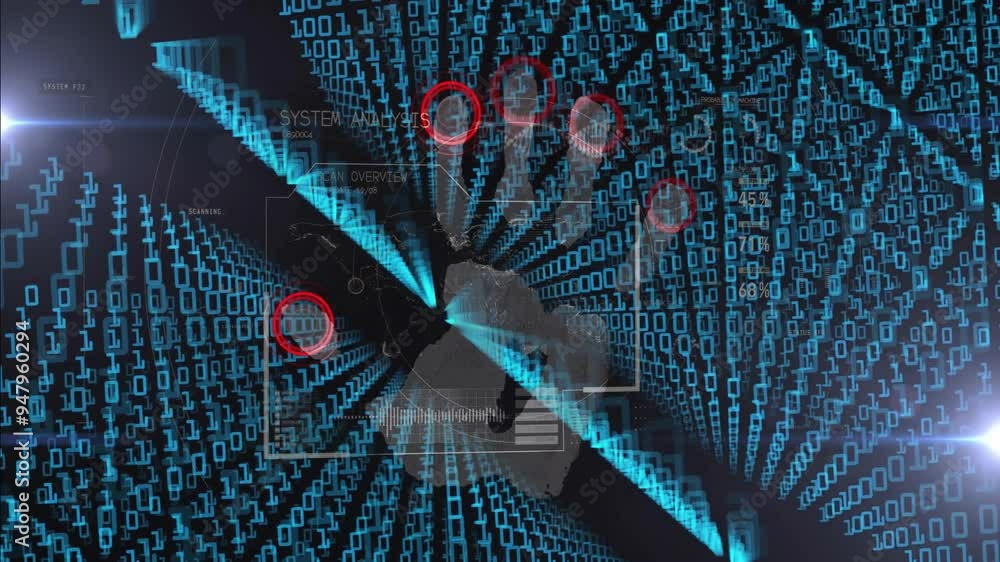 Poster Binary code and fingerprint scanning animation over digital security interface