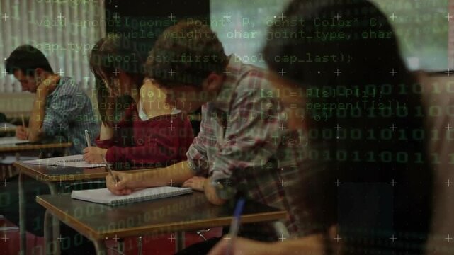 Programming code animation over students writing in classroom