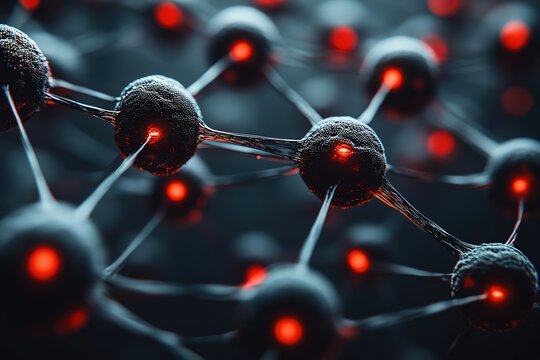 A close up of a network of red spheres