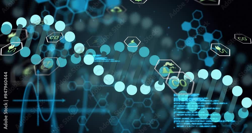 Poster dna strand and scientific data processing animation over hexagonal shapes