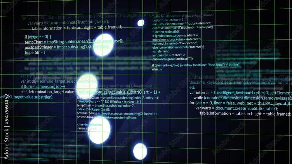 Poster programming code and data processing animation over dark grid background with glowing circles