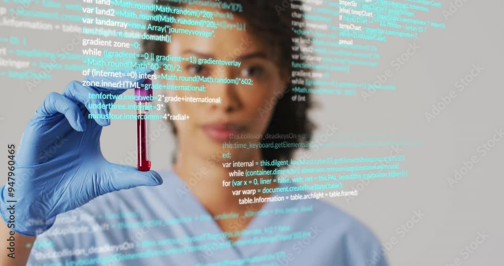 Poster holding test tube, scientist analyzing code animation over laboratory background
