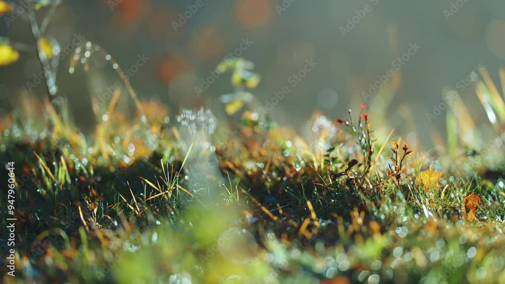 Poster a close-up view of the forest floor in autumn, where cobwebs and grasses catch the morning light, cr