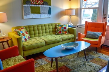 Fototapeta premium a colorful and airy living room with green sofa and lamps