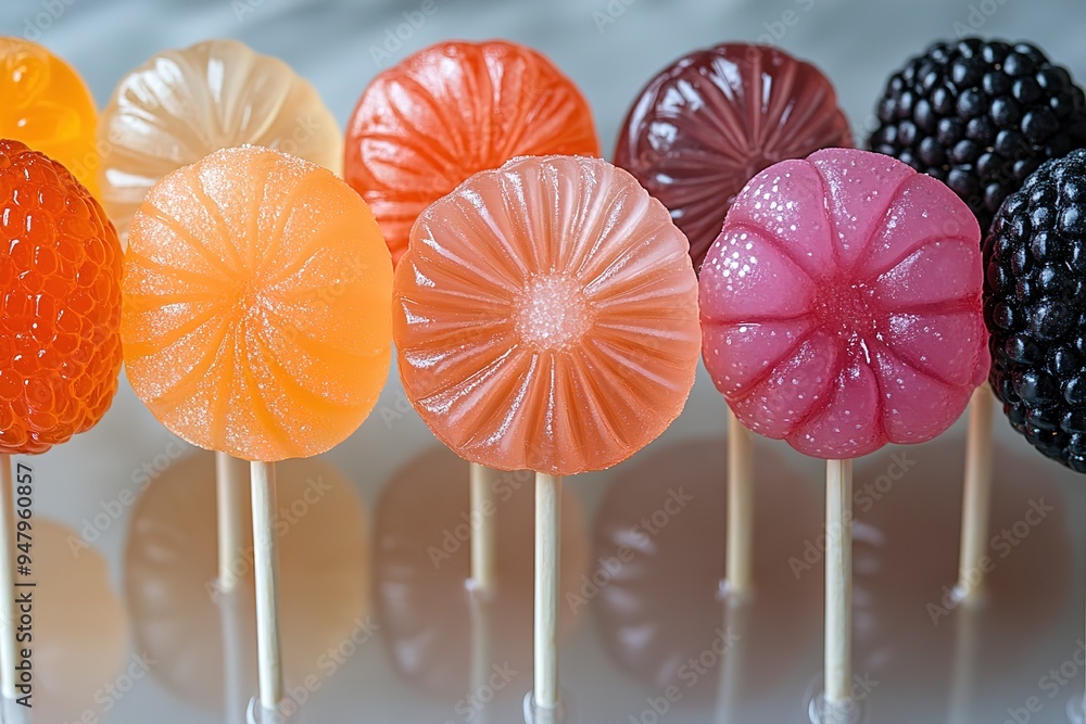 Poster a row of colorful lollipops with different flavors and colors