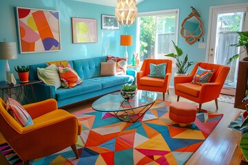 a vibrant and airy living room interior with blue and orange sofas and colorful decorative elements 