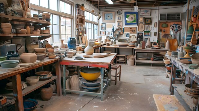 Pottery Studio Workshop Interior with Clay Products on Shelves and Tables