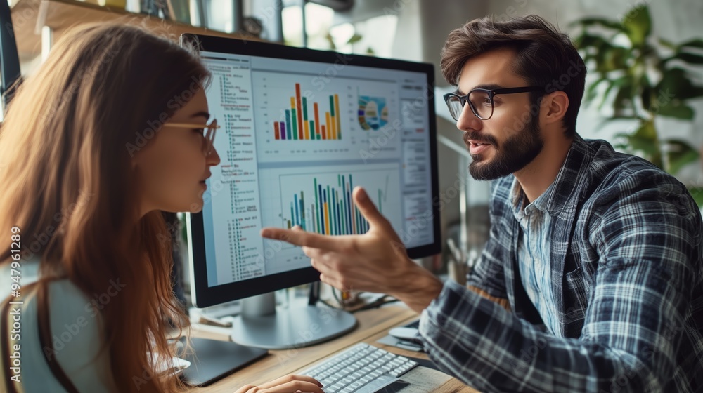 Poster two professionals discuss data insights in a modern office with digital graphs displayed on a large 