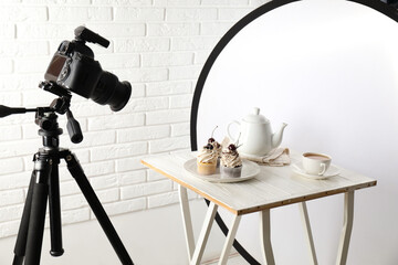 Shooting food in photo studio with professional equipment