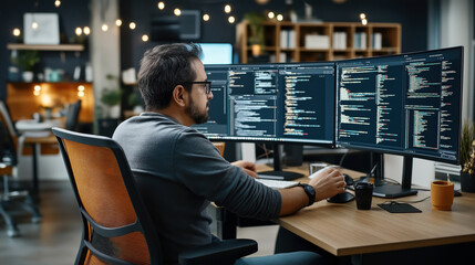 A software developer working on code at a dual-monitor workstation in a modern office. The man is focused on multiple lines of programming on the screens.