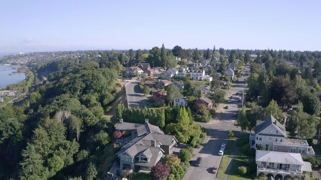 The Serene Residential Environment of the Bluff, North Tacoma, Washington, USA - Drone Flying Forward