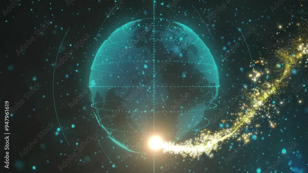 Poster glowing particles orbiting earth, data network animation over space background