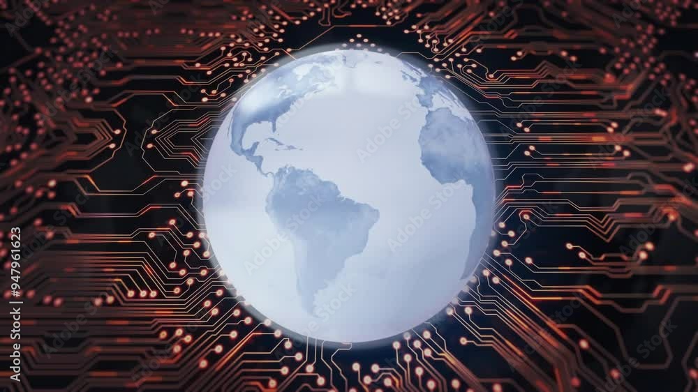 Poster globe with continents over circuit board, global digital network animation