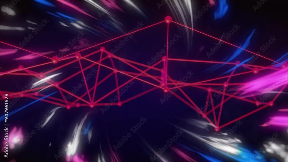 Poster red geometric network animation over dynamic, colorful abstract background