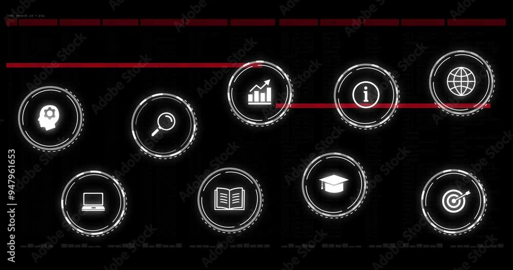 Poster icons representing various concepts like education and information, data processing animation