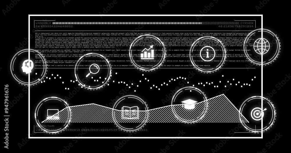 Sticker data processing and analysis animation over various icons and text on black background