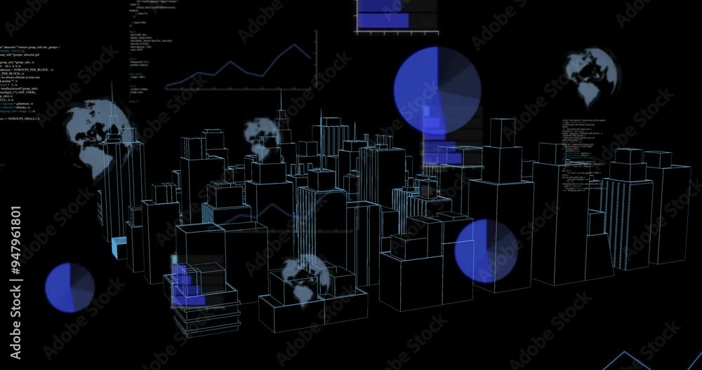 Poster Cityscape with data charts and graphs animation over black background