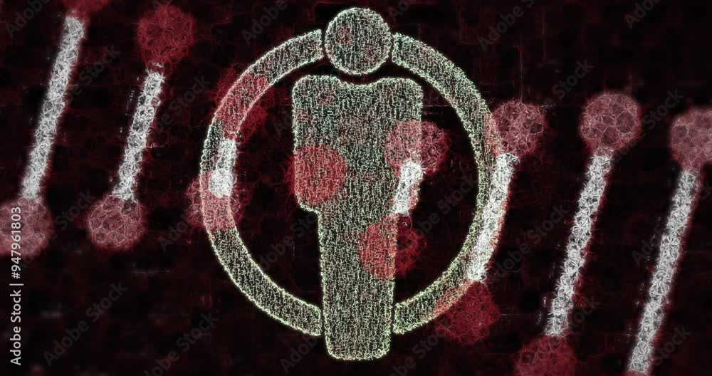 Poster person icon with circular border and red abstract shapes, digital animation