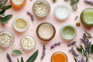 Various organic face creams with lavender, sage, and oats on a blush pink background