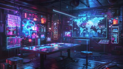 Futuristic Control Room with Global Network and Holographic Interfaces