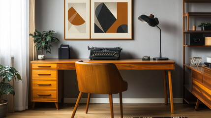An organized mid-century modern office space featuring a teak wood desk, a rotary phone, and a typewriter. Geometric art on the walls