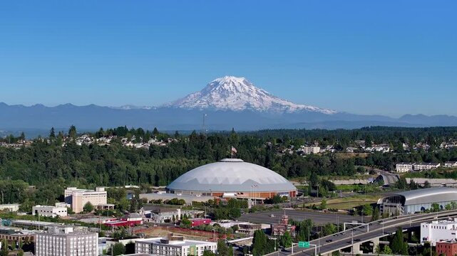 Tacoma Dome Arena With Mount Rainier In Tacoma, Washington, United States. Wide Shot