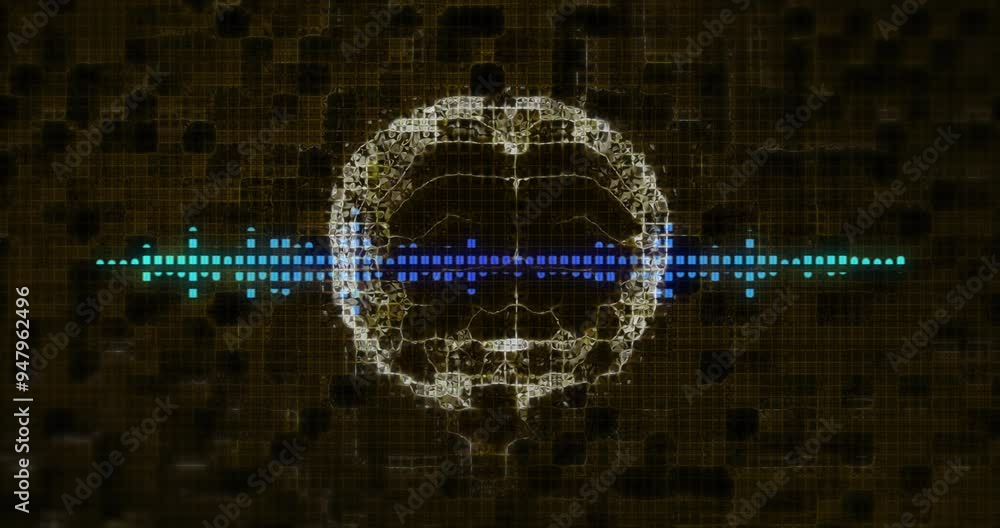 Poster digital brain and sound wave animation over dark grid background