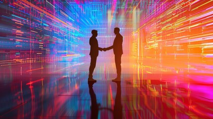 Data Analytics Partnership Silhouetted Figures Shake Hands Against Vibrant Data Visualization Background