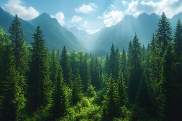 A lush green forest with a mountain range in the background