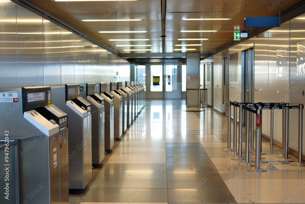 Poster row of ticket vending machines standing in an empty subway station