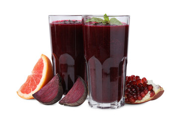 Fresh beetroot smoothie in glasses, grapefruit, beet and pomegranate isolated on white