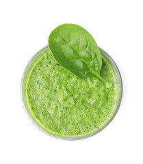 Tasty green smoothie and spinach leaf in glass isolated on white, top view
